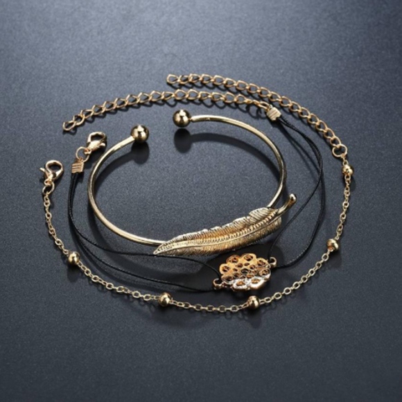 3-Piece Feather and Flower Gold Toned Bracelet Set - Picture 6 of 6